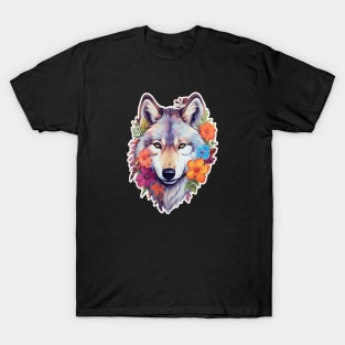 Colorful Wolf With Flowers T-Shirt